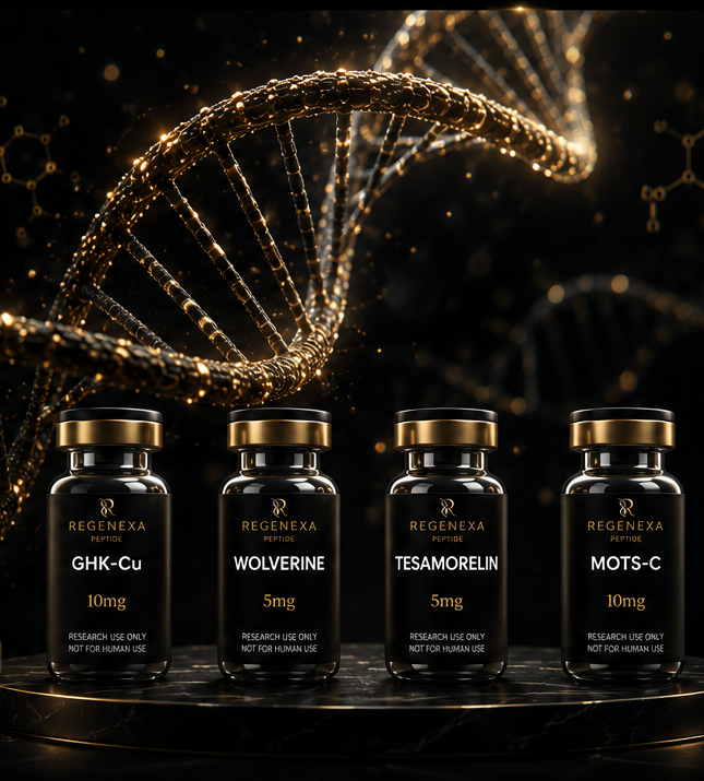 Regenexa DNA composition with GHK-Cu, BPC-157 + TB-500, Tesamorelin, MOTS-C research peptide vials